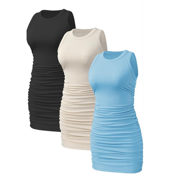 MEDIUM 3pk. Sleeveless Dress Crew Neck Slim Fit Ribbed Stretch Ruched - Picture 1 of 6